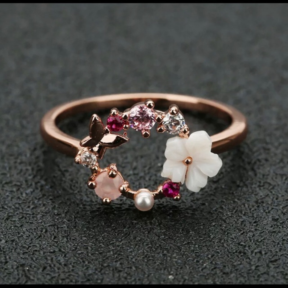 Fashion Butterfly Flower Rose Gold Ring